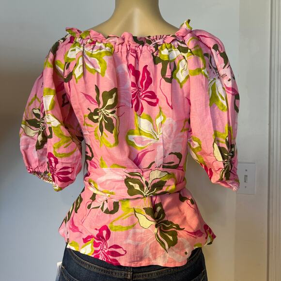 Boston Proper, Pink Linen Puff Sleeve Tie Waist Peplum Blouse Size XS - Picture 3 of 9